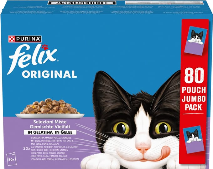 Felix Mix selectie in Gelei - Kattenvoer Natvoer – Eend, Rund, Kip, & Zalm – 80 x 85 g