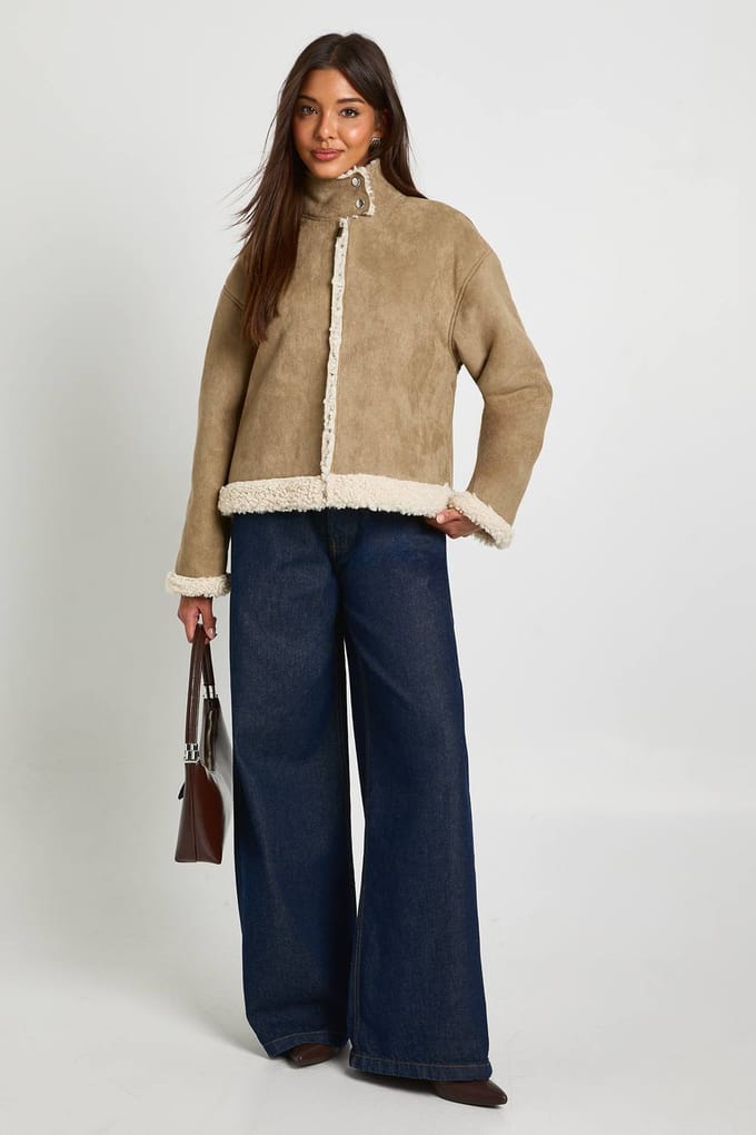 boohoo Dames Suede hoge kraag, bontgevoerde pilotenjas | Stone | Maat: 10