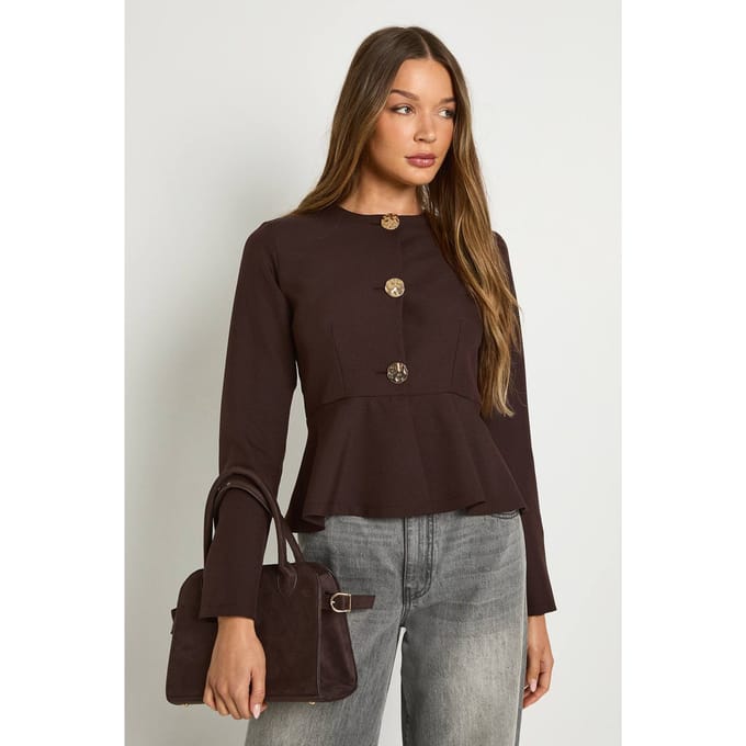 boohoo Dames Gouden knop Peplum blazer | Chocoladebruin | Maat: 38