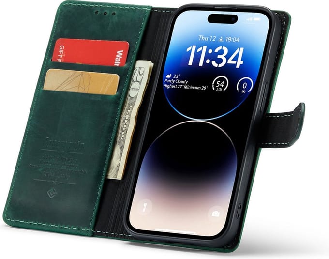 iPhone 14 Pro Max Bookcase hoesje - CaseMe - Effen Groen - Leer