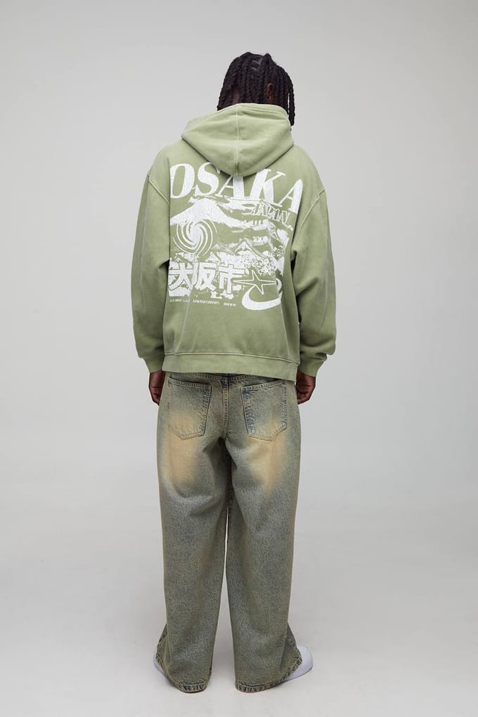 Oversized gewassen groene Osaka bedrukte hoodie | Green | Size Medium