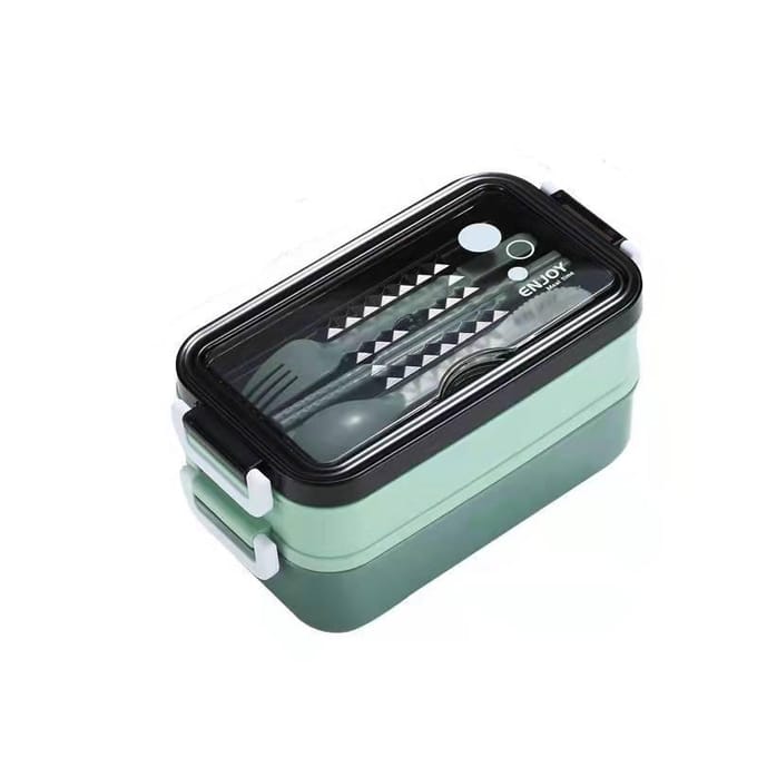 1 stuks 1400ml Dubbellaagse Lunchbox Draagbare Compartiment Voedseldoos Magnetron Lunchbox Met Vork Eetstokjes En Lepel Picknick Vers 3&1400ml&2 black