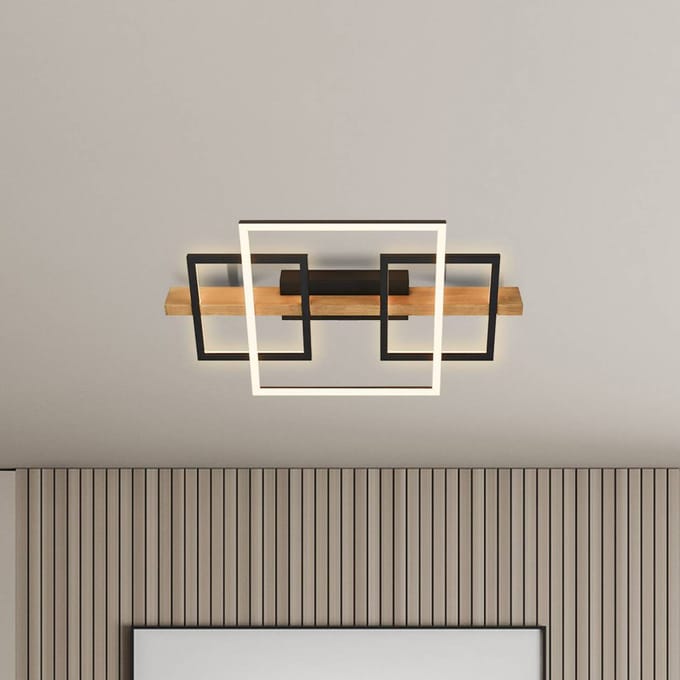 Briloner LED plafondlamp Cadre, 3000K, 55cm, zwart, hout