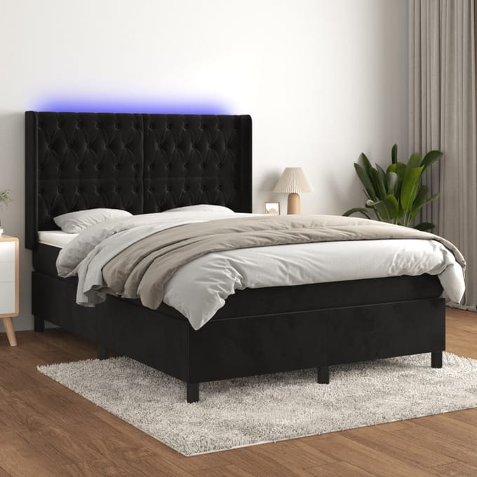 vidaXL - Boxspring - met - matras - en - LED - fluweel - zwart - 140x200 - cm