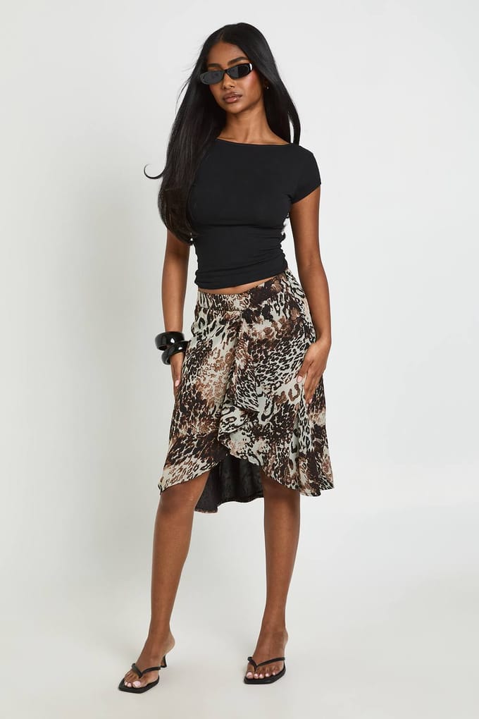 boohoo Dames Luipaardprint Crêpe Midi-rok Met Awkward Length | Maat: 42