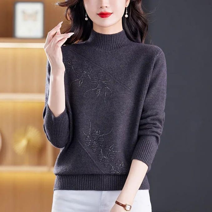 Effen Kleur Jacquard Gebreide Trui Dames Hoge Hals Wintertrui Gebreide Basis Trui 3XL grijze kleur