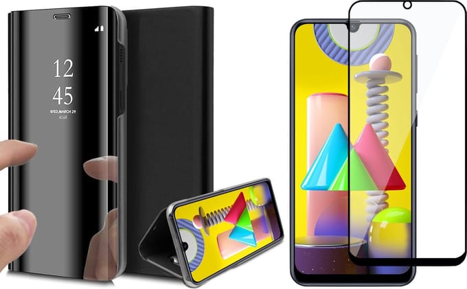 Hoesje geschikt voor Samsung Galaxy M31 - Screen Protector FullGuard - Book Case Spiegel Zwart & Screenprotector