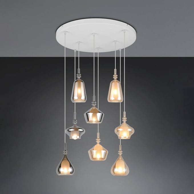 Trio Lighting Hanglamp Aldea, Ø 60 cm, wit/amber/chroom, glas, 8-lamps.