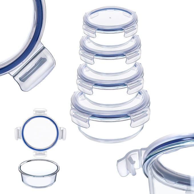 KADAX Hittebestendige glazen container met deksel, voedselcontainer van robuust glas, bewaarcontainer, vriescontainer, vershouddoos (rond set van 4)