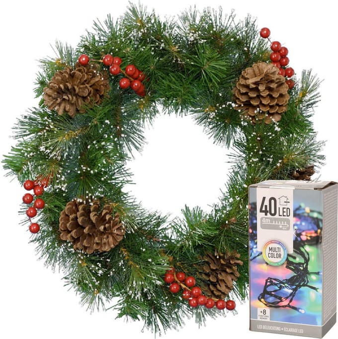 Decoris Kerstkrans - met decoratie en sneeuw - D50 cm - incl. verlichting gekleurd
