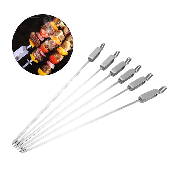 6 STuks Lange BBQ Barbecue Schuifbare Grill Kook RVS Kebab Platte Spiesjes gray