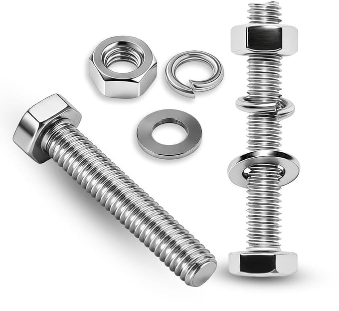 Set van 8 RVS M8 x 70 mm Schroeven met Moeren en Ringen voor Machinebouw en Metaalbewerking