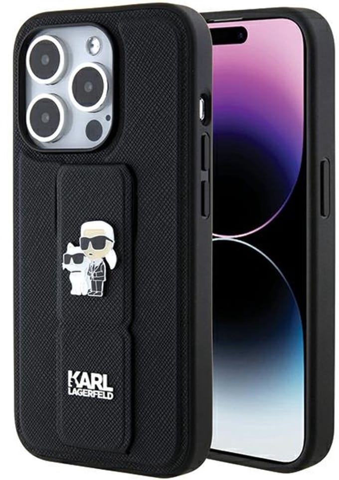 Karl Lagerfeld Gripstand Saffiano Karl&Choupette Pins case for iPhone 15 Pro - black