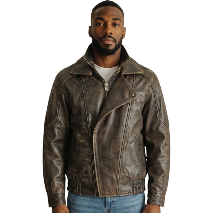 Heren Bruine Cow Leather Biker Blouson Jas - Bomber