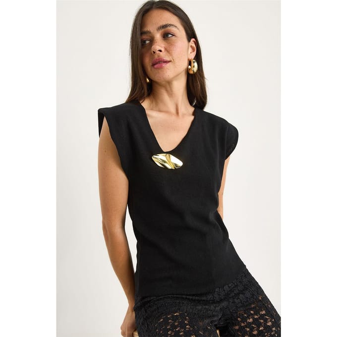 Textuur V-hals Mouwloze Blouse met Accessoire Detail
