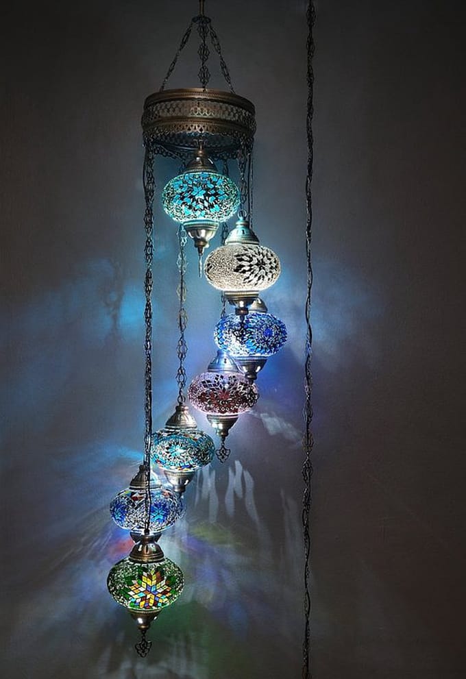 Turkse lamp - mozaïek hanglamp - 7 bollen - authentiek handgemaakt - multicolor 155 cm hoogte