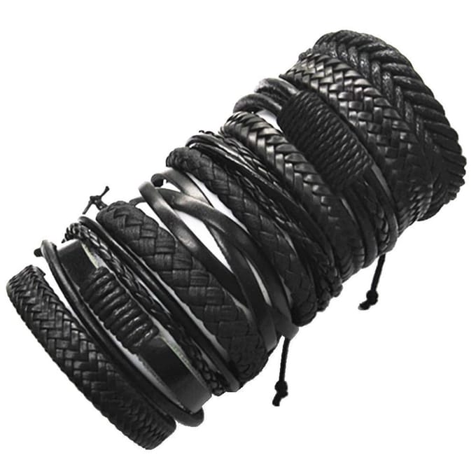 Fako Bijoux® - Leren Armband - Leder - Set Deluxe - 10 Stuks - Zwart