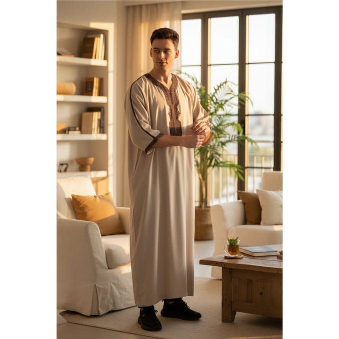 Heren beige Marokkaanse Thobe gewaad Djellaba Gandoura Eid Jubba LFS-HM66