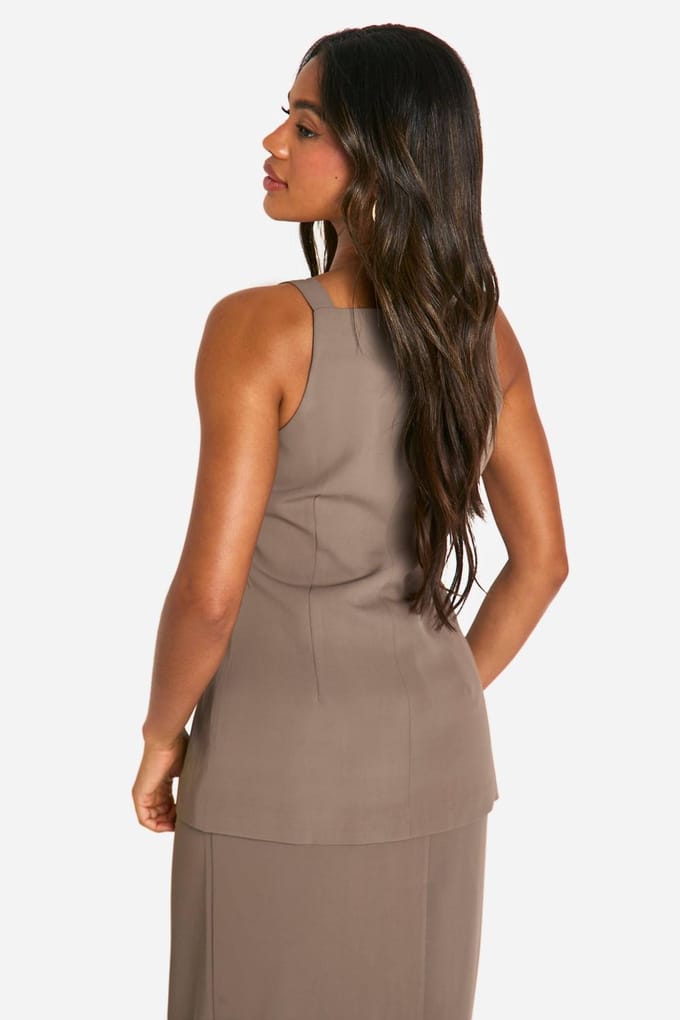boohoo Dames High Square Neck Longline Waistcoat | Mocha | Maat: 8
