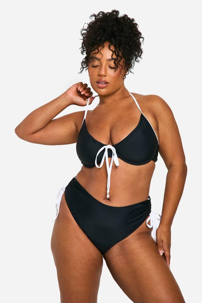 boohoo Dames Plus Contrasterende Strik Gerufelde Zij-Bikini Onderbroek | Zwart | Maat: 52