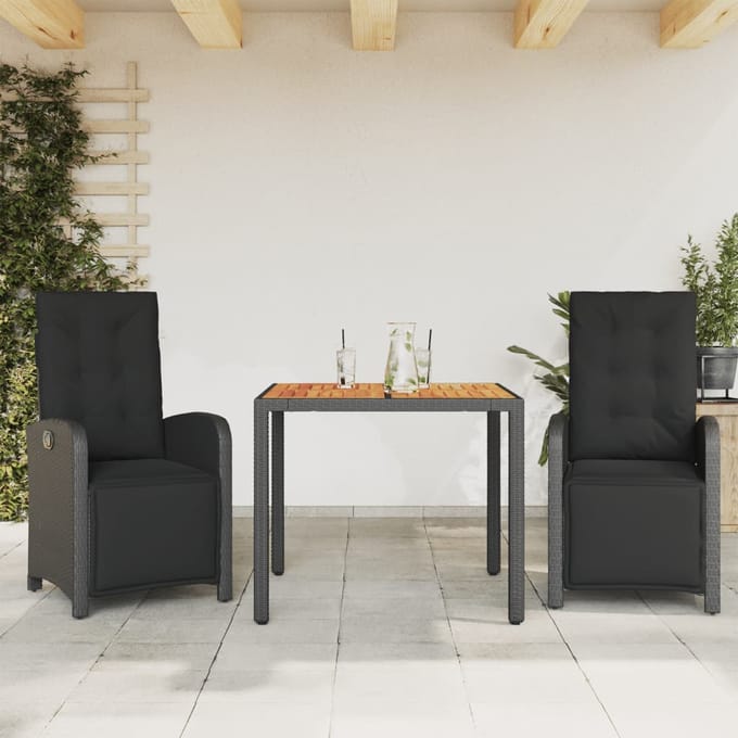 vidaXL - 3-delige - Bistroset - met - kussens - poly - rattan - zwart