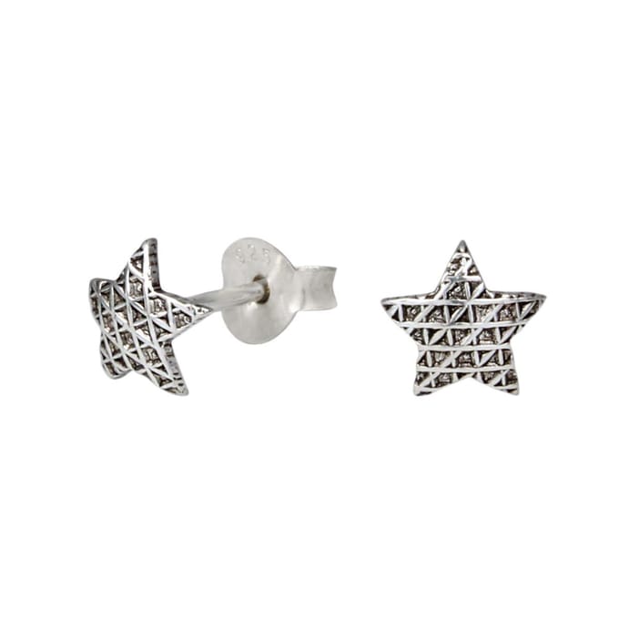 Joy|S - Zilveren ster oorbellen - geoxideerd - bewerkt - 6 mm