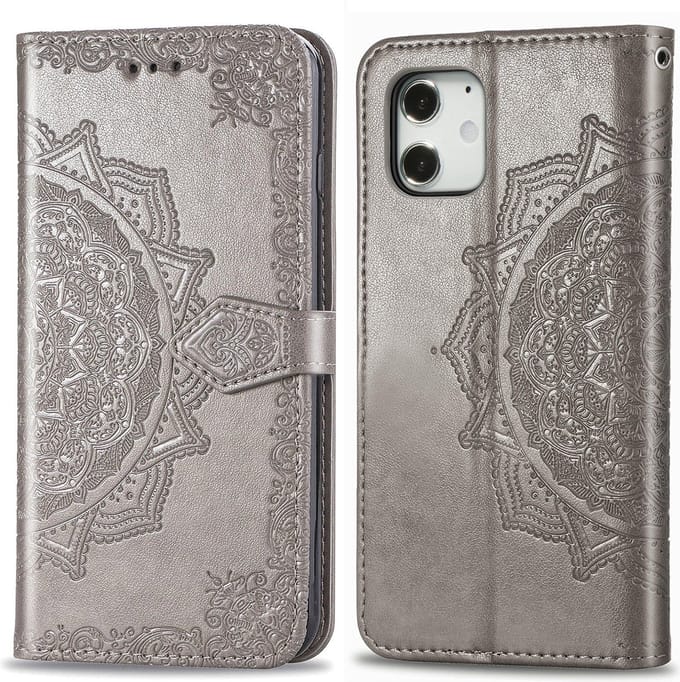 Bookcase geschikt voor Apple iPhone 12 Mini - Grijs - Bloemen - Portemonnee Hoesje