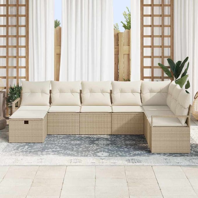 vidaXL - Bankstel - met - kussen - met - opslag - Beige - en - Crème - poly - rattan