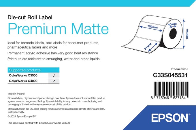 Premium Matte Label - Die-cut Roll: 102mm x 51mm, 650 labels