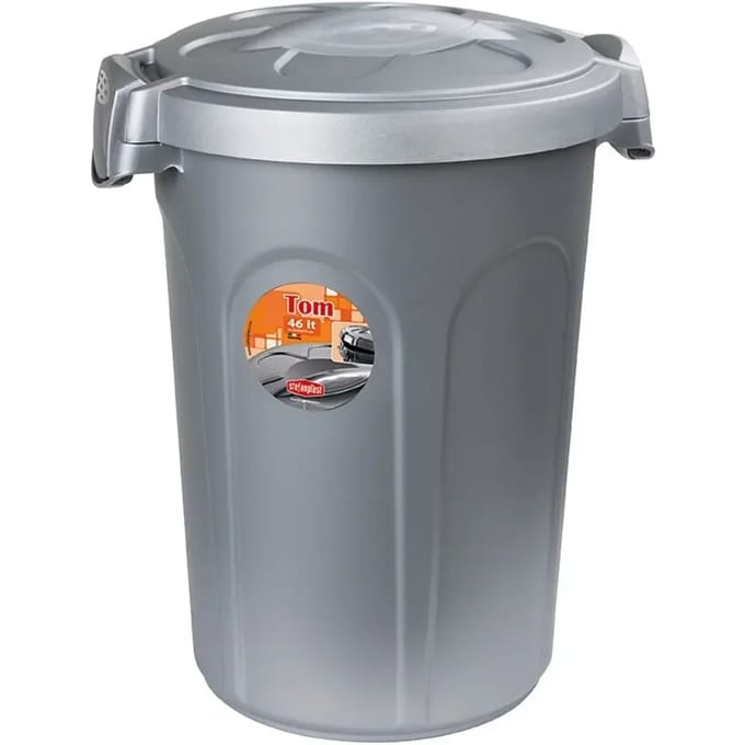 Afvalemmer - "TOM" - Voerton - Prullenbak - Ton met deksel - 46 liter - Zilver - Grijs