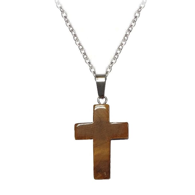 Fako Bijoux® - Ketting - Kruis - Tijgeroog - Natuursteen - 50cm