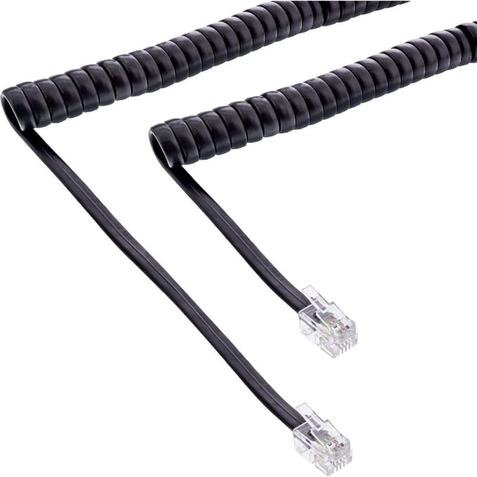 RJ10 telecom crossover spiraalkabel met lang begin- of einddeel | zwart | 4 meter