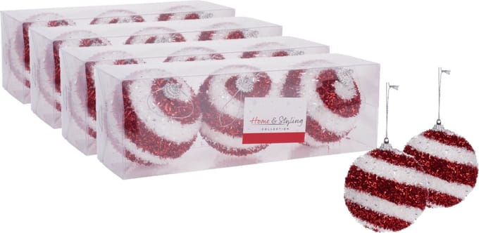 12x stuks gedecoreerde kerstballen rood/wit kunststof diameter 8 cm - Kerstboom versiering
