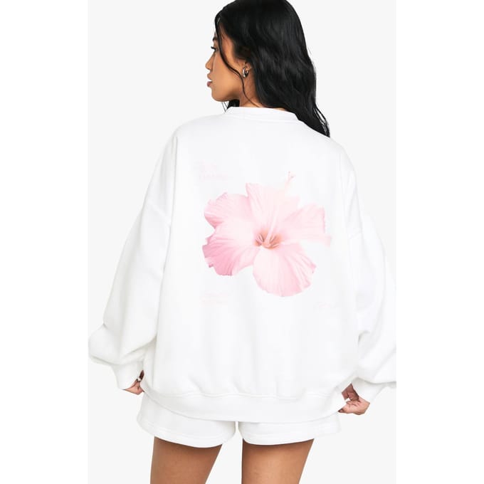 boohoo Dames Bloem Rugprint Kort Trainingspak | White | Maat: Medium