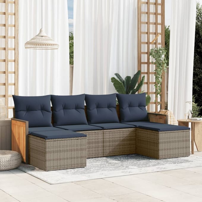 vidaXL - 6-delige - tuinbankset - met - kussens, - grijs - polyrotan