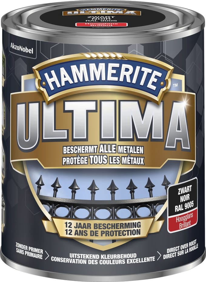 Hammerite Ultima - Zwart - 0,75 l - Hoogglans - 7,5 m²/l - Afwerkingslaag