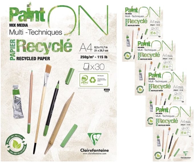 Clairefontaine - Paint ON - Multi-Techniek Pad - Tekenpapier - Schilderpapier -Recycled wit - A4 - 250 g - 30 vel - 4 pack