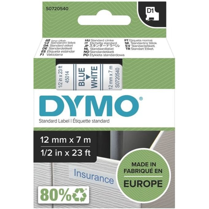 DYMO originele D1 labels | Blauwe Tekst op Wit Label | 12 mm x 7 m | zelfklevende etiketten voor de LabelManager labelprinter | gemaakt in Europa