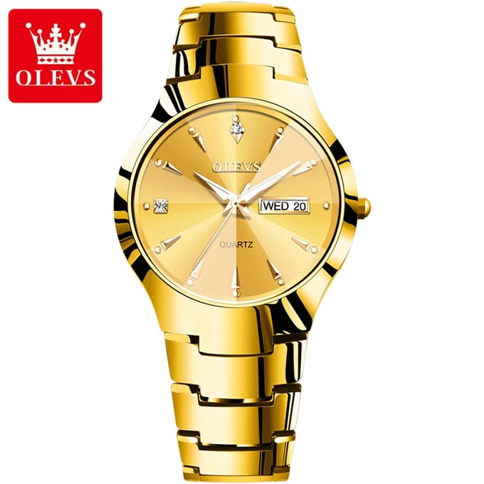 HO-8697.g : OLEVS modieuse Heren Lover's goudkl Tungsten-edelstaal quartzhorloge diamantontwerp, dagtekst, dagnummer