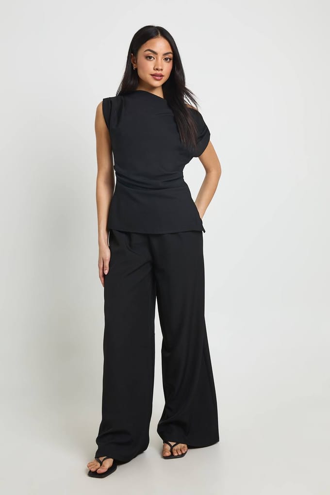 boohoo Dames One Shoulder Lange Top & Rechte Broek Coordinatenset | Black | Maat: 6