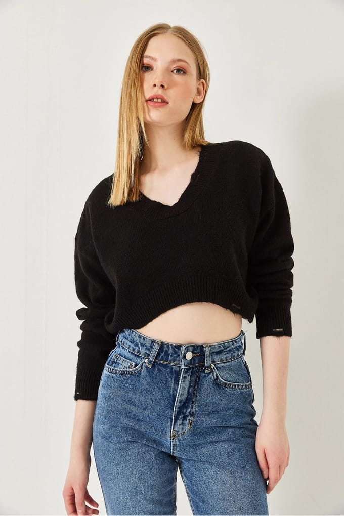 Gestructureerde V-hals Losse Maat Crop Brei Top