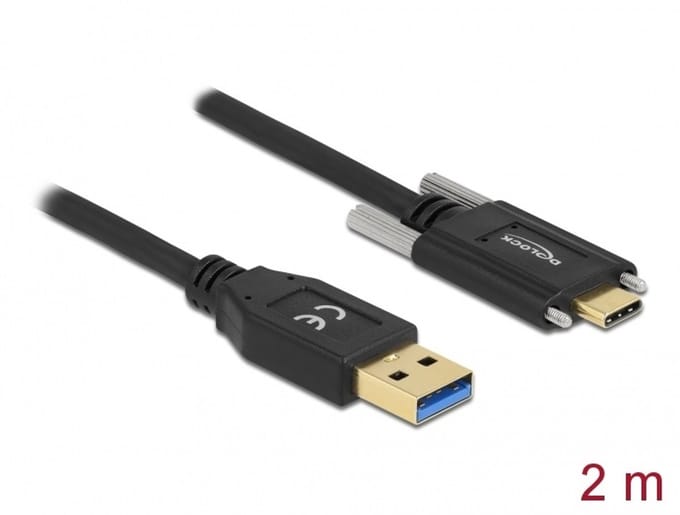 Delock SuperSpeed USB (USB 3.2 Gen 2) Cable Type-A male to USB Type-C™ male with screws on the sides 2 m