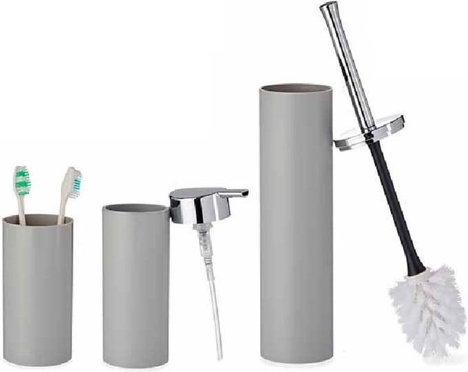 Badkamer set toiletborstel + zeeppompje + beker grijs van kunststof