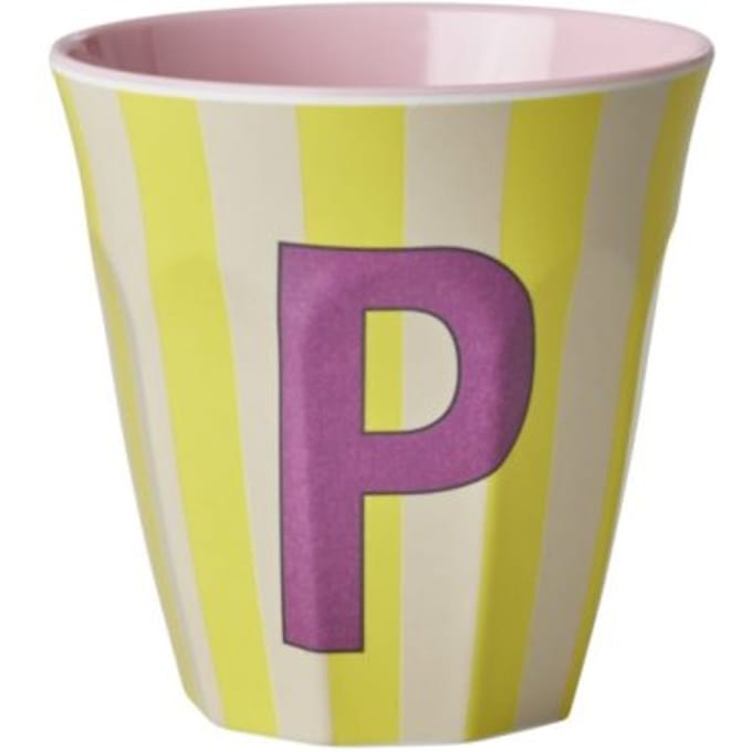 Rice melamine beker medium gestreept letter p, geel