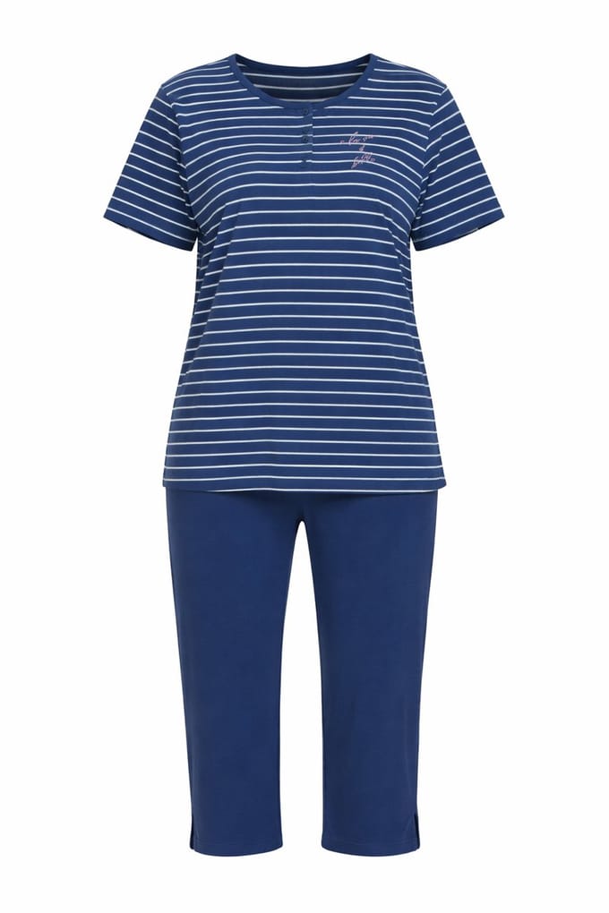 Comtessa Dames Pyjama - Katoen - Zomer - 7/8 broek -Blauw Gestreept - Maat 46