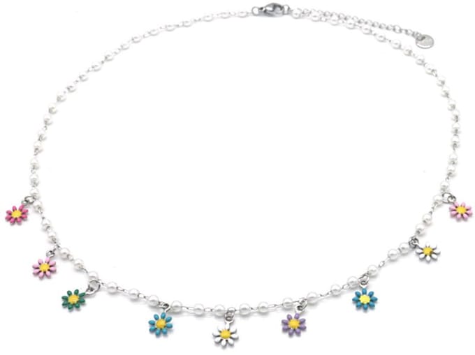Bijoutheek Collier Bloemen Parel Multi Zilverkleurig