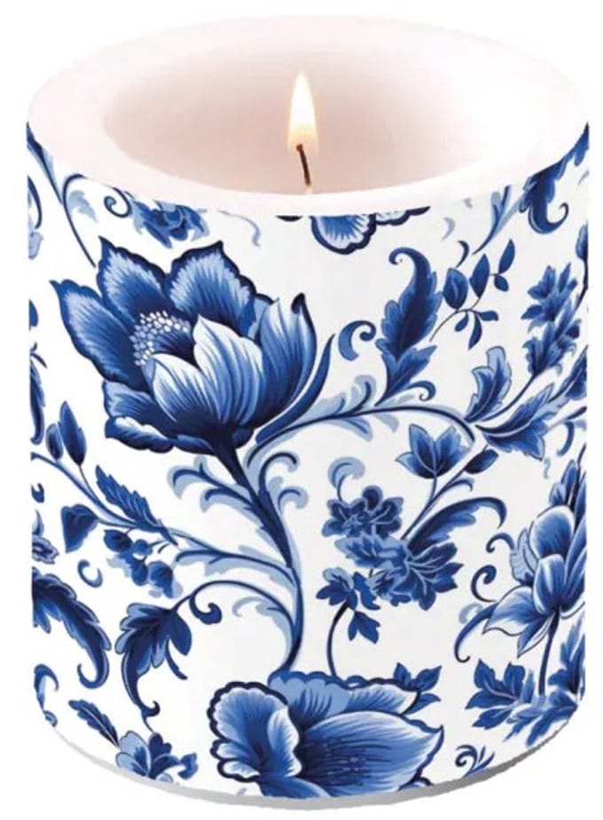 Ambiente Delft Blue stompkaars blauw met bloemen 10 x 10 cm