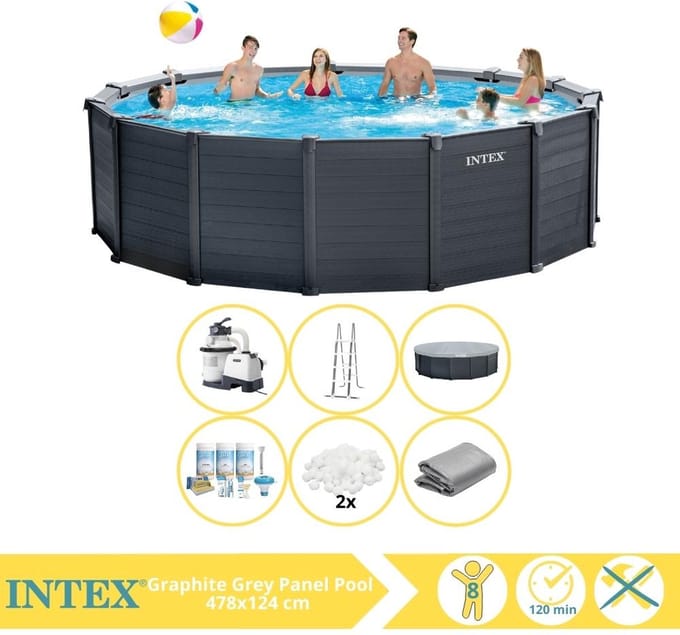 Intex Graphite Gray Panel Zwembad - Opzetzwembad - 478x124 cm - Inclusief Onderhoudspakket en Filterbollen