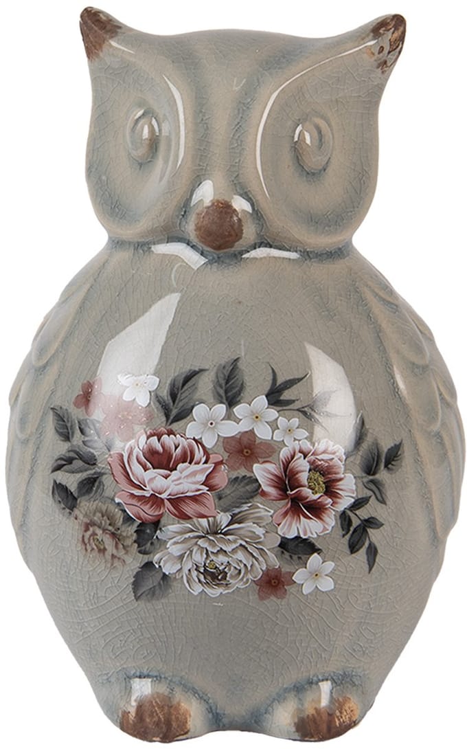 Clayre & Eef Decoratie Beeld Uil 11x10x17 cm Grijs Keramiek Bloemen