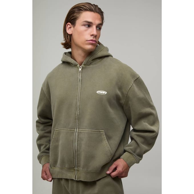 Oversized Heren Sport Washed Ritssluiting Hoodie | Washed Khaki | Size Small